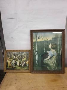 Framed Vintage Prints - Girl in Forest Scene & Crowded Outdoor Scene (Lot of 2)