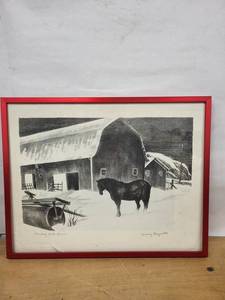 Framed Print - Snowy Farm Scene with Horse, Red Frame, Signed