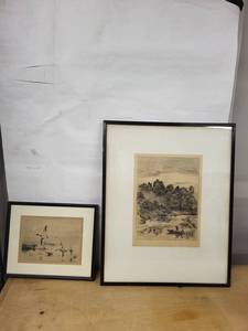 Pair of Vintage Landscape Etchings in Black Frames