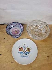 Crystal Cut Glass Compote Bowl, Delft-Style Blue Rimmed Bowl, Danish Floral Plate (Lot of 3)