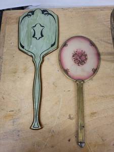 Vintage Amber Hand Mirror, Pink Art-Glass Hand Mirror & Wire Vanity Basket