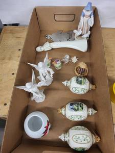 Porcelain Angel Figurines Lot with Landscape Egg Ornaments and a Lady with Chickens