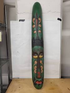 Carved Green Wooden Tiki Mask - Hand-Carved Tribal Sculpture, 34in Tall