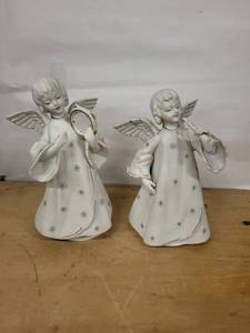 Pair of White Ceramic Angel Figurines with Gold Star Accents - Musical Angels