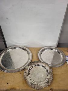 Silver Plate Tray Set - 3-Piece Vintage - Two Round Trays & Grapevine Edge Compote