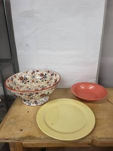 Homer Laughlin China Floral Pedestal Bowl & 2 Plates - 11-12 in Dia