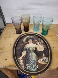 Coca-Cola Embossed Glass Tumblers - 4-Color Set & Pepsi-Cola Tray Vintage Soda Decor