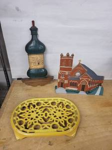 Dr. Kells Decanter - Red Brick Church Model - France Cast Iron Trivet (Lot of 3)