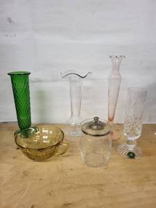 Glass Vase Collection - Emerald Green Diamond Vase, Clear Wavy-Top Vase, Pink Fluted Vase, Amber Bowl, Sugar Jar, Crystal Goblet
