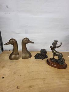Brass Duck Bookends (Pair) - Moose Sculpture on Wood Base - Bronze Wildlife Figurine