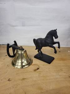 Horse Figurine on Base & Brass Desk Bell with Wall Bracket - Vintage Metal Decor