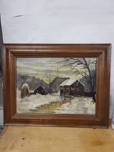 Oil Painting - Winter Landscape of Snowy Farm Barn in Wood Frame