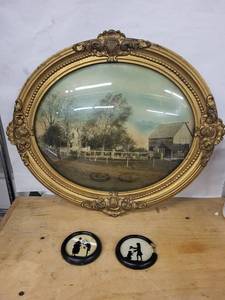 Richmonds Round Gold Frame - Farm Scene Print & 2 Silhouette Cameos - Made in Germany