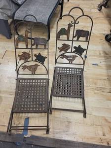 Pair of Iron Garden Chairs with Animal Silhouette Panels & Lattice Seats