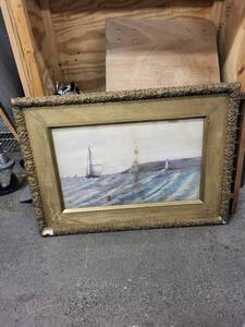 Seascape Painting with Sailboats & Lighthouse in Ornate Gilded Frame