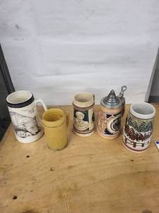 Deutschland Germany Beer Stein Set - 5 Ceramic Steins with Lids & Crest Motifs