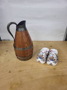 Wooden Barrel Ewer with Metal Bands & Hand-Painted Holland Windmill Clogs