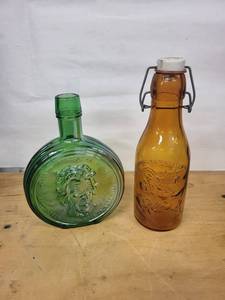 Green Round Glass Bottle with Andrew Jackson Seventh President Embossed Bottle & Amber Milk Bottle (Lot of 2)