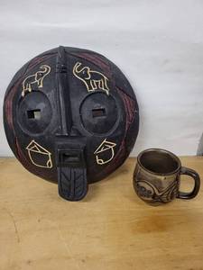 Decorative wood Disc Mask & Handmade Mug (Lot of 2)