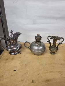 Three-Piece Antique Metal Ewers & Lamp Set - Made in Italy, Floral Relief