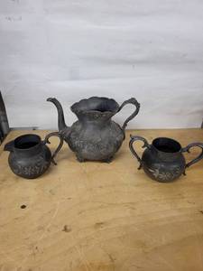 Antique Pewter 3-Piece Ewer Set with Grapevine Floral Embossing