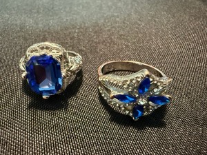 Silver Tone Blue Stone Cocktail & Cluster Rings Lot of 2 See Photos