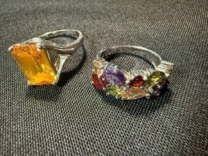 Sterling 925 Multicolor Gem Ring & Amber Tone Statement Ring Lot