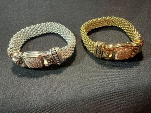 2 Rhinestone Mesh Bracelets Silver & Gold Tone Magnetic Clasp Set