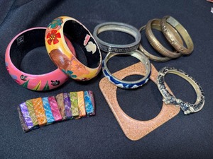 Assorted Vintage Bangle Bracelet Lot Painted Wood Enamel Brass 10 Pc