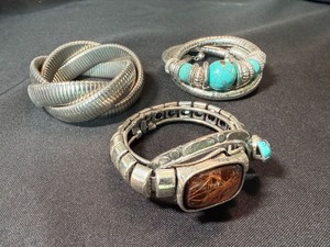 3 Pc Silver Tone Statement Bracelet Lot Faux Turquoise Wrap Cuff