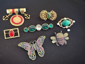 Vintage Costume Jewelry Brooch Pin Lot 7 Pc Butterfly, Bee, Nautical