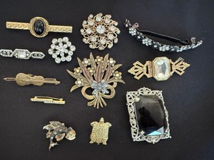 Vintage Costume Jewelry Lot Pins Brooches Barrette Rhinestone 10pc