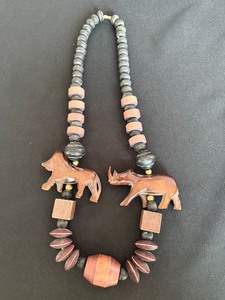 Hand Carved Wood Bead Necklace Safari Animal Rhino Lion Statement