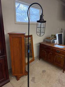 Industrial Shepherd Hook Floor Lamp Caged Glass Black Metal