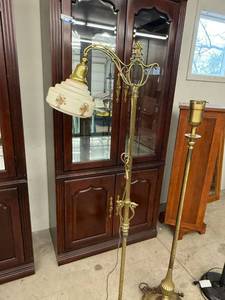 Antique Style Brass Bridge Floor Lamp Floral Glass Shade Ornate Base
