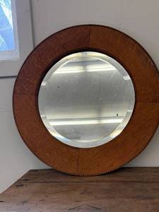 Vintage Round Oak Framed Beveled Wall Mirror 20in Rope Edge