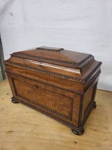 Antique Carved Wooden Tea Caddies with Beaded Trim and Glass Center Dish