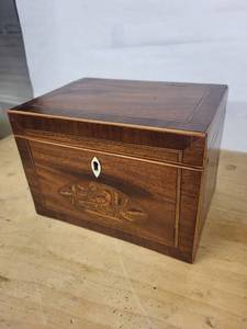 Antique Inlaid Wood Tea Caddy with Locking Lid and Two Front Drawers