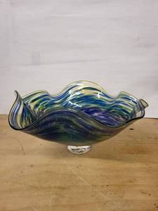 Murano-Style Handblown Glass Bowl Signed By Artist Dylan Martinez- Swirled Blue, Green & Yellow with Ruffled Edge