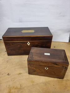 Antique Walnut Tea Caddies Set (Lot of 2) - Brass Hardware & Red Velvet Interiors