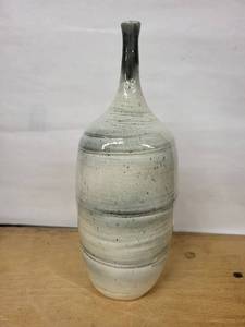 Handmade Ceramic Bottle Vase with Narrow Neck - White-Blue Glaze, Signed Base