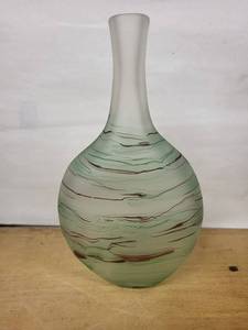 Art Glass Vase - Mint Green Swirl with Red Accents, Frosted Neck