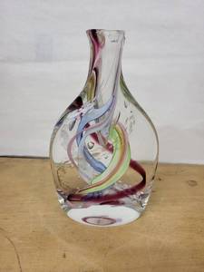 Murano-Style Hand Blown Glass Vase by Robert L. Hamon with Multicolor Swirls, Tall Narrow Neck