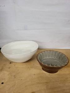 Two Ceramic Jelly Molds - White Glazed Large Bowl & Brown Scalloped Pedestal Bowl (Lot of 2)