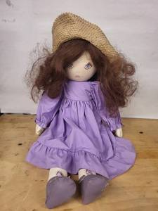Cloth Doll with Straw Hat and Purple Dress