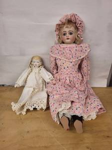 Two Vintage Porcelain Head Dolls with Cloth Bodies - Pink Floral Dress and Ivory Lace (Lot of 2)