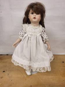 Antique German Porcelain Doll with Brown Hair in White Lace Dress marked Gebruder