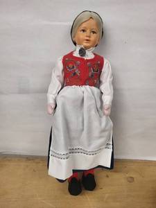 Large 28-Inch Porcelain-Head Doll in Embroidered Vest and Dress