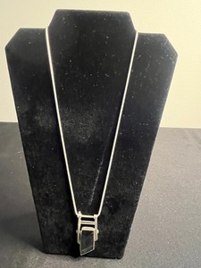 Signed Sterling Pendant Necklace - Rectangular Dark Stone on Silver-Tone Chain
