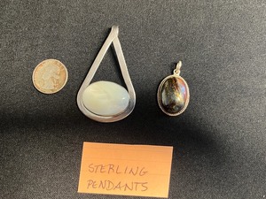 Sterling Silver Pendants - Pair with Oval Cabochons, 925 Mexico - quarter pictured for sizing
